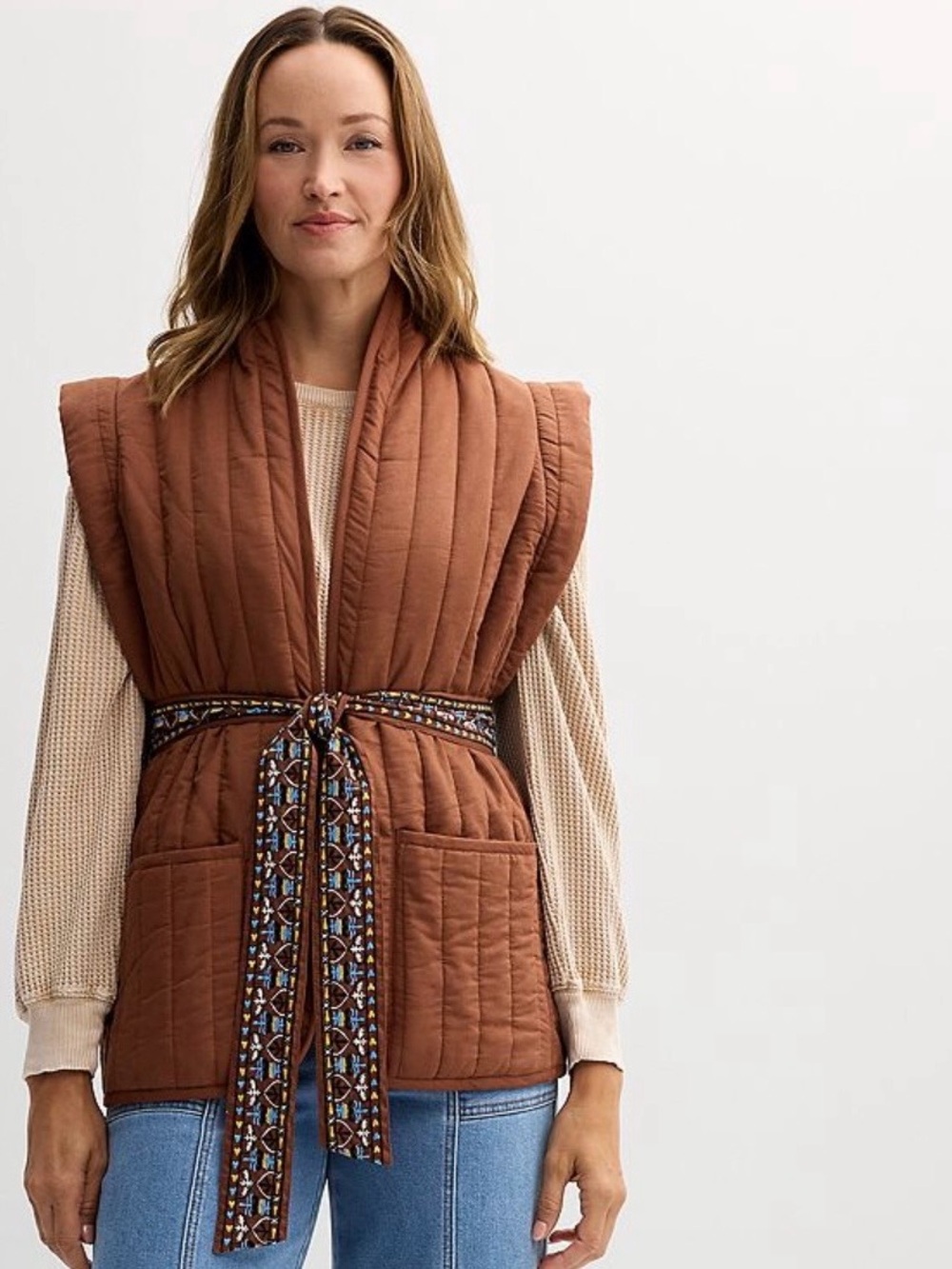 Quilted Brown Sleeveless Belted Vest